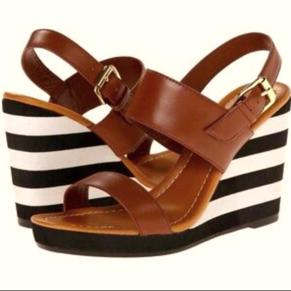 kate spade Brown Leather Striped Wedge Sandals